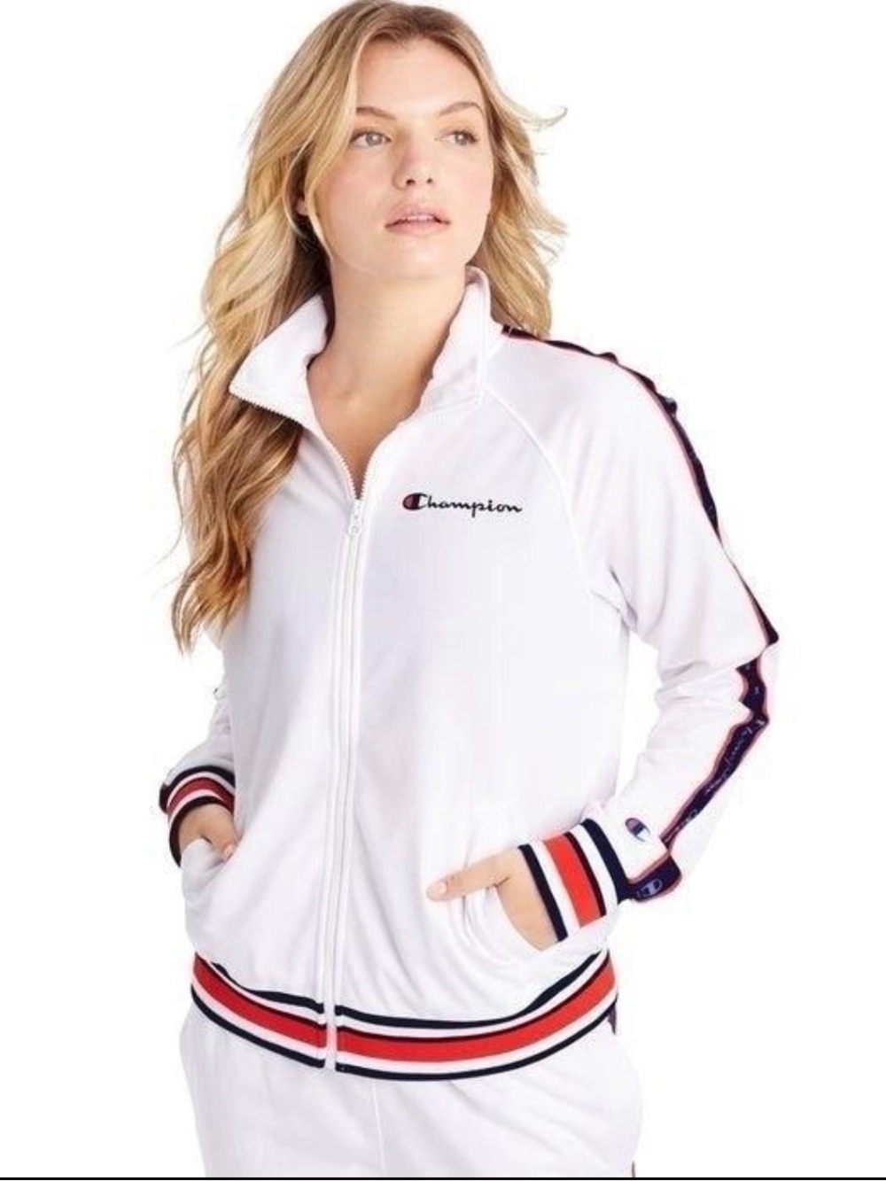 Champion Women’s White Track Jacket Full Zip Red Navy Logo Tape Size Medium